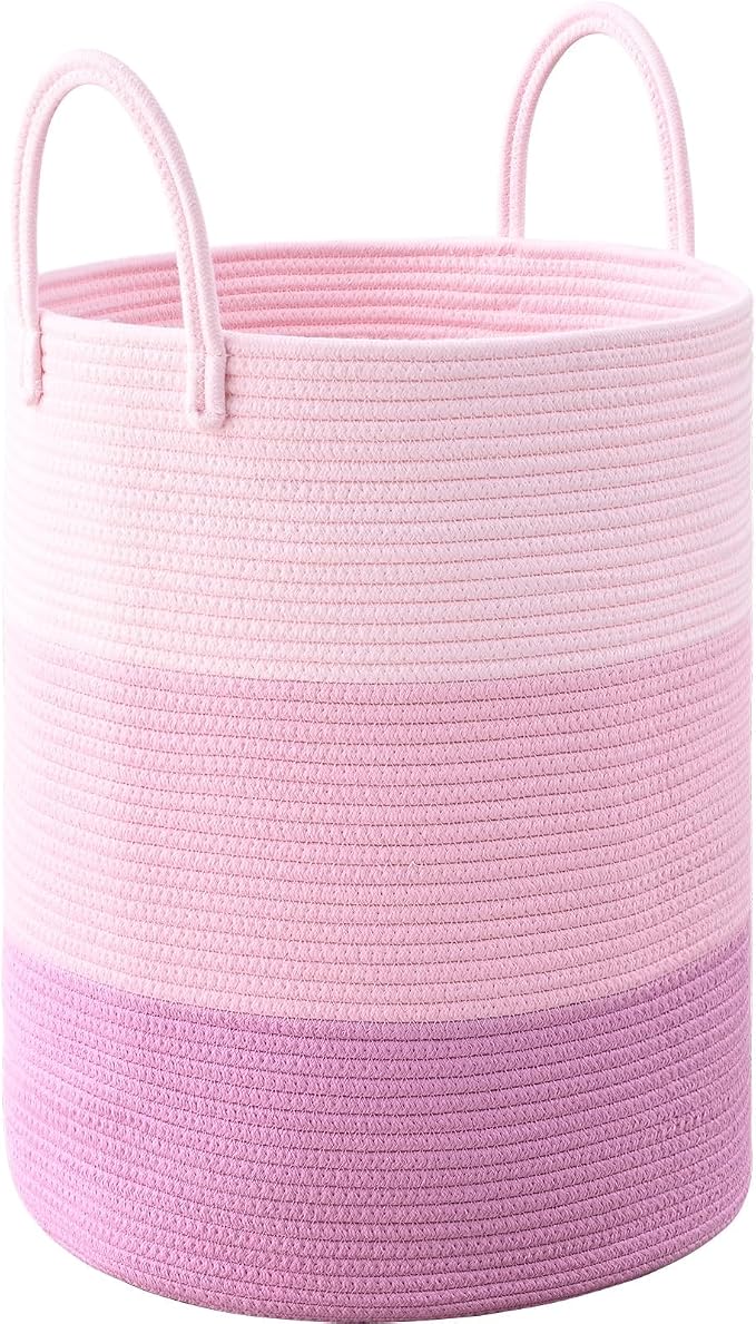 Laundry Hamper for Organizing, 52L Large Laundry Baskets, Cotton Rope Woven Blanket Basket, Collapsible Laundry Hamper for Living Room, Nursery, 15"×18", Pink
