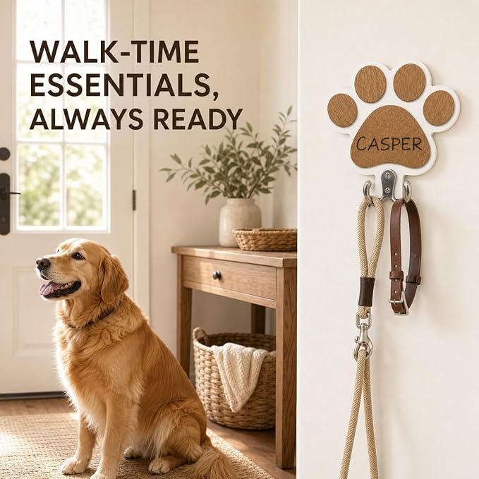 Personalized Dog Leash Holder for Wall, Custom Paw Print Wooden Wall Hook with Pet Name, Double Hook Organizer for Leashes Collars and Keys, Entryway Decor, Gift for Dog Lovers