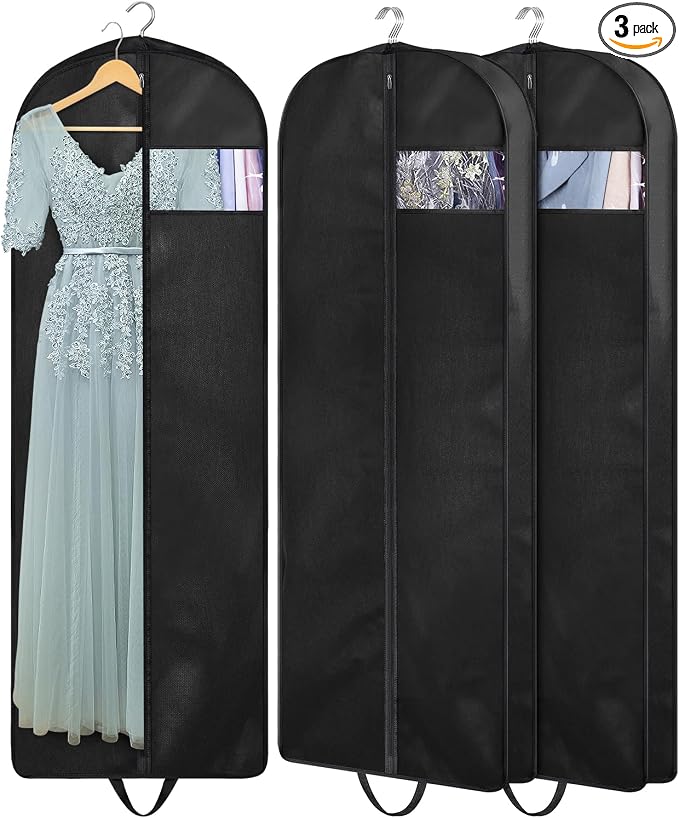 KIMBORA 60" Dress Garment Bags for Hanging Clothes Travel, Gusseted Garment Bags for Closet Storage with Handles for Long Gowns, Coats（3 Packs）