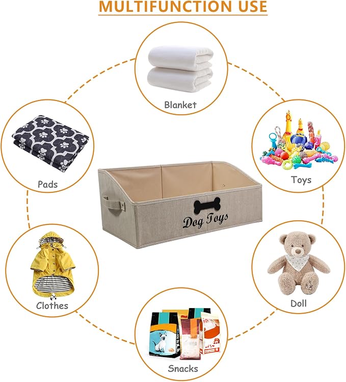 Large Dog Toy Basket Collapsible Dogs Toy Box Fabric Trapezoid Dog Toys Bin Storage for organizing pet Toys/Blankets/leashes/Rope Toys/Clothing-Can be Personalized-KhakiStripe