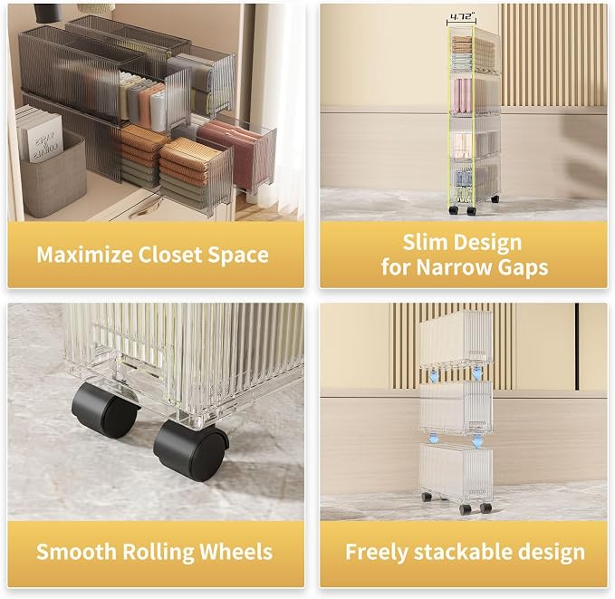 KHNR Slim 4 Pack Closet Storage Organizer with Wheels, Narrow Gap Drawer Shelf, Cabinet for Underwear, Socks, Scarves, T-Shirts Bedroom Essentials, Fits Closet Side or Wardrobe Gap, Clear Grey