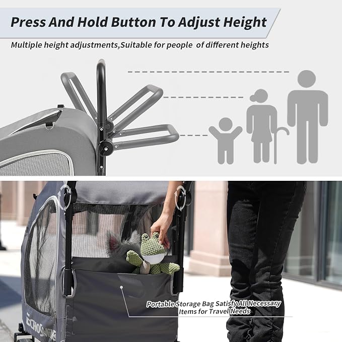 EchoSmile 4-Wheel Pet Stroller for Dogs & Cats, Up to 135 lbs, Grey | Lightweight Carrier · Storage Basket Included · Adjustable Handle · Removable Pad