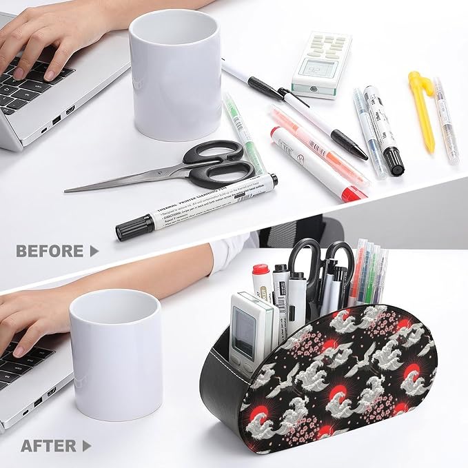 5 Compartment Remote Control Holder Ocean Cherry Floral Storage Caddy Box | Desktop Organizer, Vintage Crane Animal Red Sun Ocean Great Wave Anime Japanese Cherry Floral Blossom, for Media Player