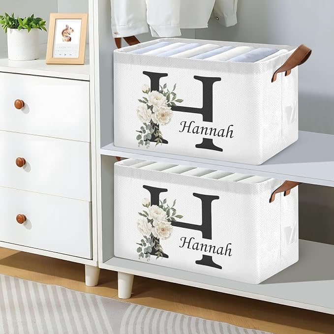 Personalized Storage Basket with Handles&Clear Labels Folding Laundry Basket Custom Name Basket Collapsible Cubes Organizer Bins for Home Wedding Gifts Kids Room Shelf Closet, Watercolor Floral