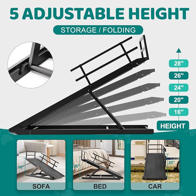 Dog Ramp for Bed & Couch, Foldable Wooden Pet Ramp, 5 Adjustable Heights | Height up to 27.5", Portable Dog Ramp with Non-Slip Rubber Surface & Safety Railings, Pet Ramp for Small, Large, Senior Dogs