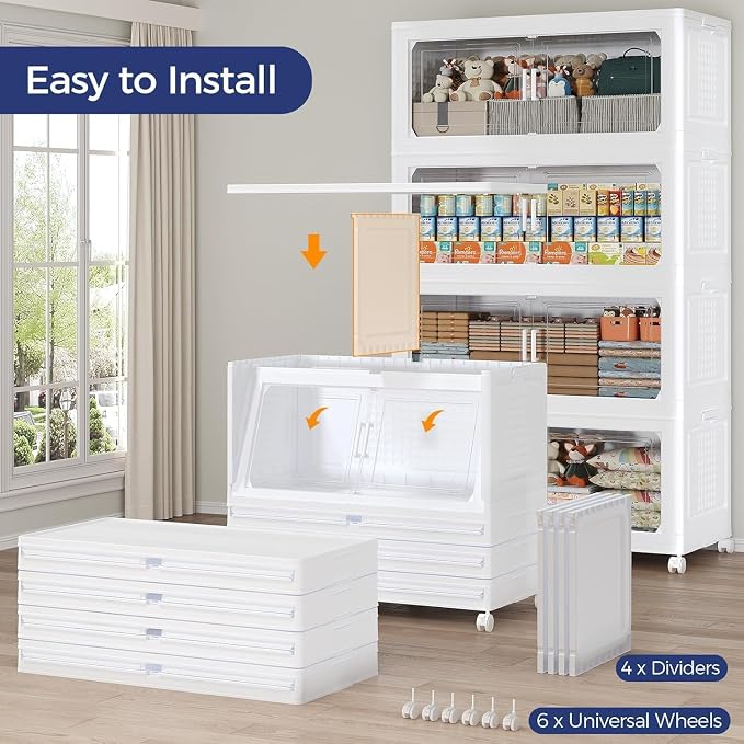 250Gal Stackable Storage Bins with Lid 5-Tier Collapsible Cabinet Closet Organizer Box with Wheels, 1000QT Large Plastic Drawer Container with Doors for Clothes Kitchen Organizing, White