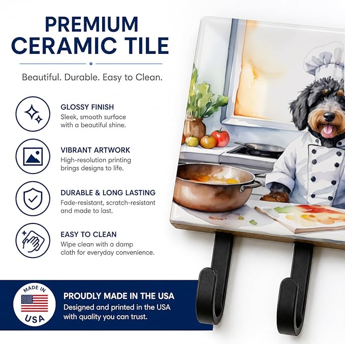 Caroline's Treasures Bernedoodle The Chef Leash or Key Holder Wall Hooks, Key Hooks Holder, Coat Rack Wall Mount, Coat Hooks, Hooks for Hanging Keys, Towels, Aprons, Leashes | Bernedoodle The Chef artwork on ceramic tile with three steel hooks for keys...