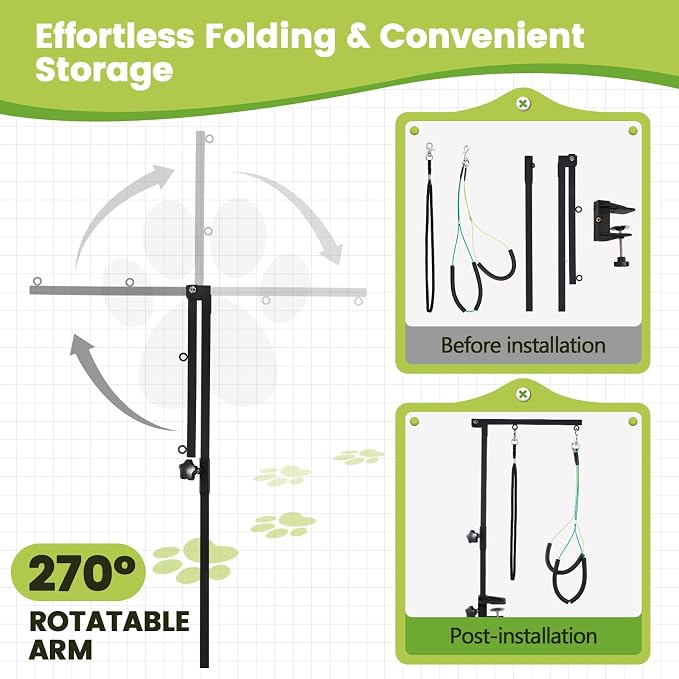 Dog Grooming Table Arm, 35-Inch Adjustable Clamp with Hammock | Adjustable Height, Secure Table Clamp, Hammock & No-Sit Holders, Small & Medium Pets, Grooming Table Not Included