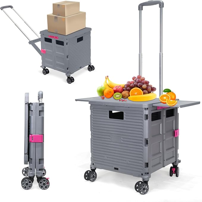 Foldable Utility Cart Rolling Crate Handcart Shopping Cart with Rotate Wheels Extended Magnetic Lid Telescoping Handle Adjustable Angle for Transports Groceries Office Teacher File(Gray)