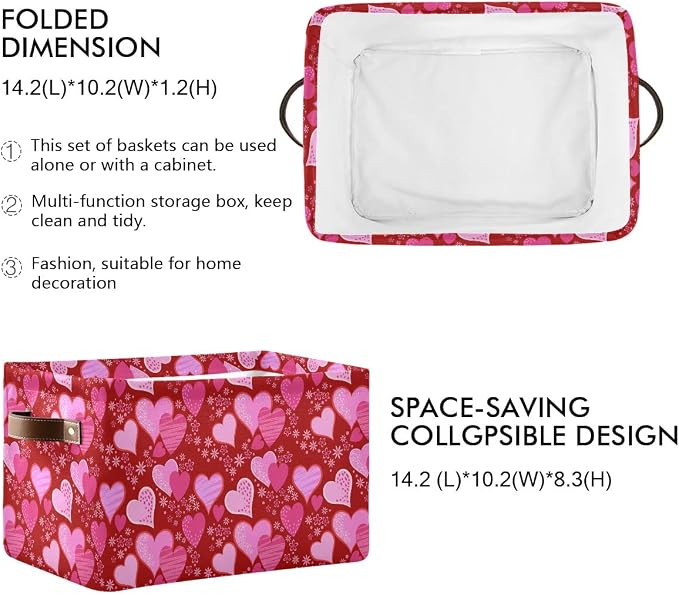 Pink Red Love Heart Storage Basket Fabric Laundry Baskets Happy Valentine's Day Storage Boxes Organizer Bag for Baby Cloth Dog Toy Book Storage Cubes Shelf Closet Bins 16×12×8 Inches