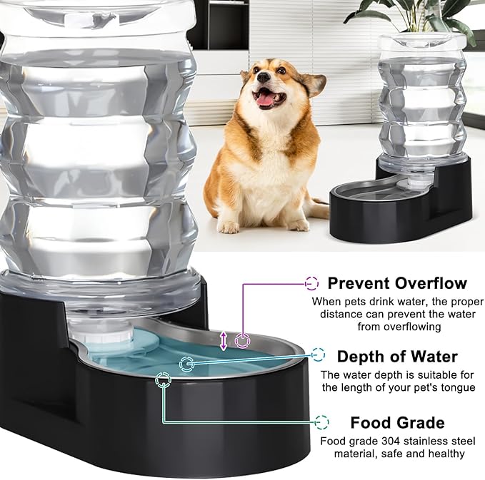 RIZZARI Dog Water Dispenser: 6.5L Black Stainless Steel Gravity Waterer - Helps Prevent Urinary Stones - Leak-Proof & Stable-Small to Medium Dogs & Cats- Daily Use-Long Hours Away & Home