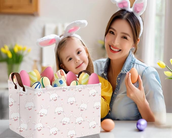 Large Rectangular Easter Baskets Empty Waterproof Boy Toy Box Foldable Kid's Gifts Storage Bin Spring Room Decor(Pink Love Rabbit Head)