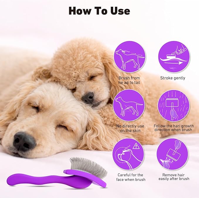 Dog Slicker Brush for Goldendoodles, Poodles & Long Haired Dogs - Long Pin Doodle Brush & Pet Comb Kit Removes Tangles Loose & Knots, Professional Grooming Tools with Wooden Handle, Purple