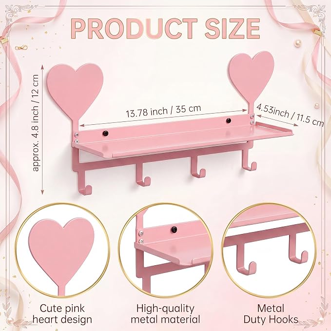 Pink Heart Metal Wall Mounted Coat Rack with Shelf 4 Hooks | Entryway Bedroom Organizer for Keys Purse Towel, Pet Leash Collar Hanger, Decorative Metal Shelf, Holds Bags Hats