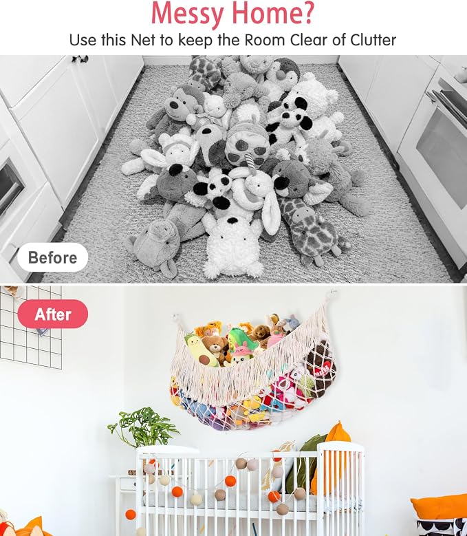 Stuffed Animal Hammock - Extra Large 56'' Long (Cream White) | Premium Cotton Hand-knitted, Beautiful Long Tassel, Storage Hanging Organizer, Can Fit Stuffed Animals 30 Piece or More