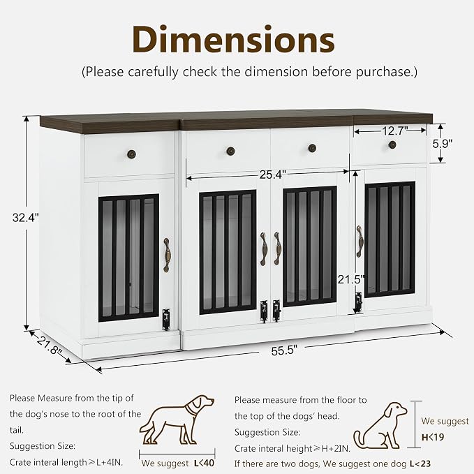 MCombo 55.5" Wooden Dog Crate Furniture with 4 Drawers 1872 White and Brown | 4 Lockable Doors, Indoor as TV Stand, For Medium/Large Dogs, Elegant Handles Design