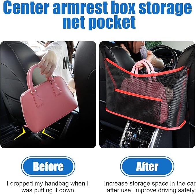 Ziciner 2 PCS Car Net Pocket Handbag Holder, Organizer Mesh Bag Between Two Seat, Driver Storage Netting Pouch for Handbag Purse, Barrier of Backseat Pet, Car Accessories for Women Men (Black & Red)