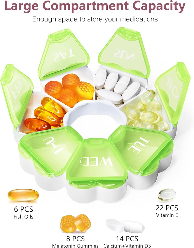 MOLN HYMY Large Weekly Pill Box 7 Day, Cute Pill Case Organizer 1 time a Day, Floral Pill Container Once Daily, Pretty Medicine Dispenser for Vitamin/Fish Oil/Medication/Supplements (Green)