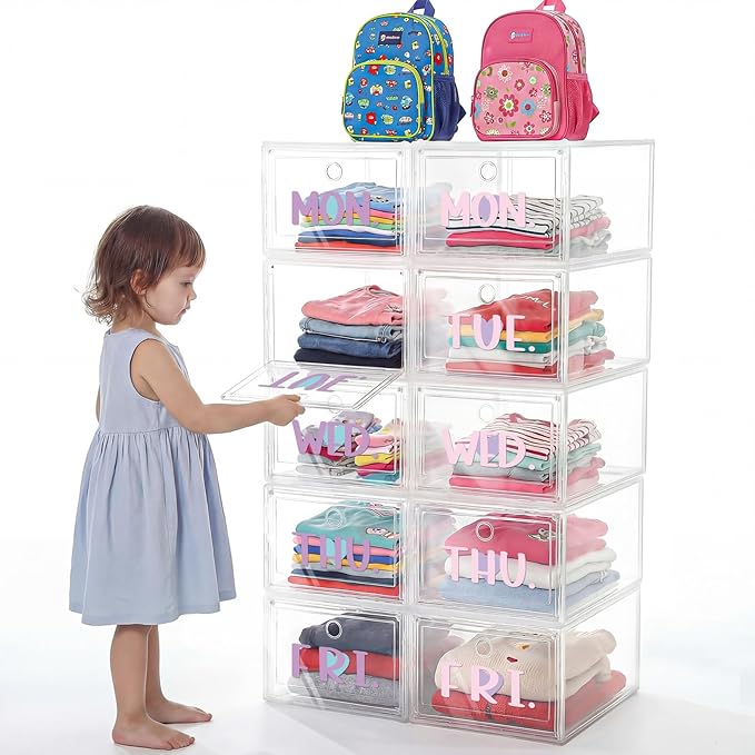 10 Shelf Weekly Clothes Organizer for School Outfits Monday to Friday Daily Daily Clothing Divider with Color Labels 13.39 x 10.24 x 7.28 Inches Plastic Storage Organizer for Home, Bedroom