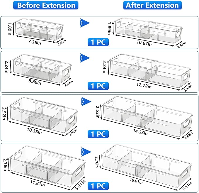 4 Pcs Expandable Drawer Organizer, Adjustable Desk Drawer Organizer with Dividers, 4-Sizes Plastic Storage Bins for Makeup, Kitchen, Bathroom Vanity, Office & Gadgets Drawer
