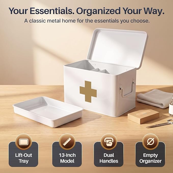Flexzion Large Metal First Aid Box Empty, 13-Inch, White with Gold Cross | Vintage Medicine Box and First Aid Storage Organizer with Removable Tray and Dividers; Empty Box Only, Supplies Not Included