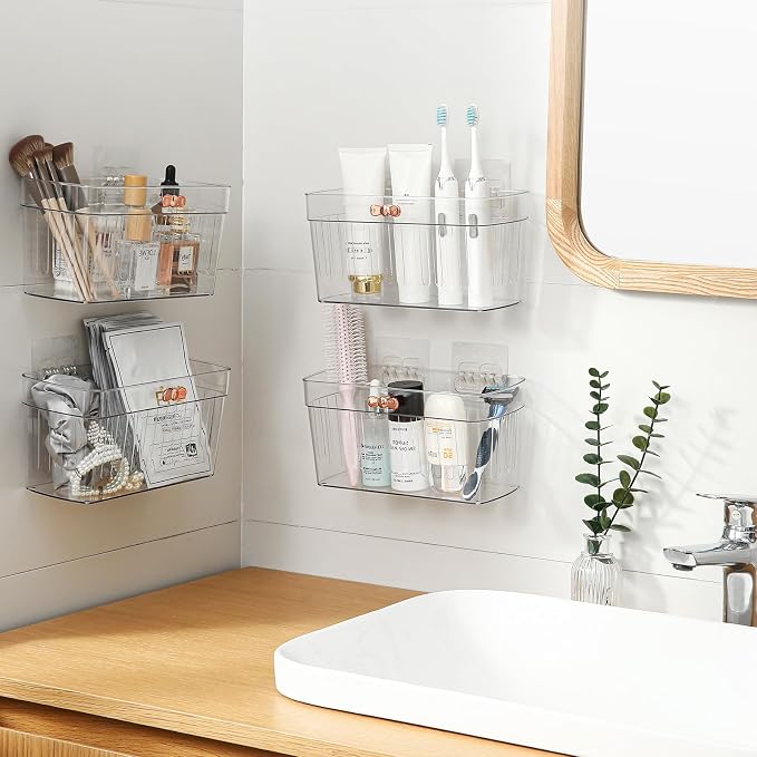 4 Pack Clear Acrylic Small Wall-Mounted Storage Baskets with Adhesive, No Drilling, Hanging Wall Mount Storage Bins for Kitchen, Pantry, Bathroom, RV
