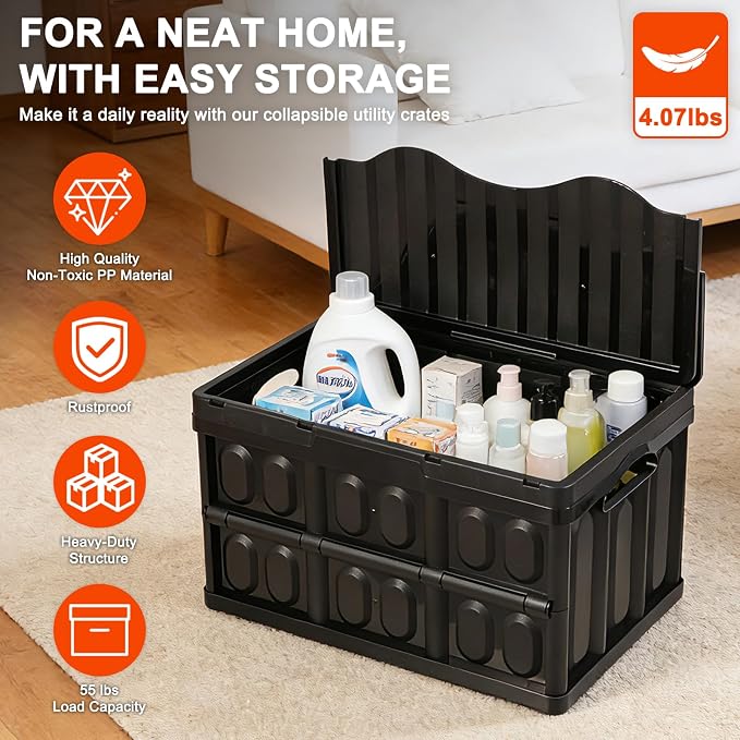 3-Pack Plastic Collapsible Storage Bins with Lids, | 45L Stackable Plastic Crates for Storage, Holds 55 lbs Per Bins, Heavy Duty Containers for Home Organizing, Tools & Camping