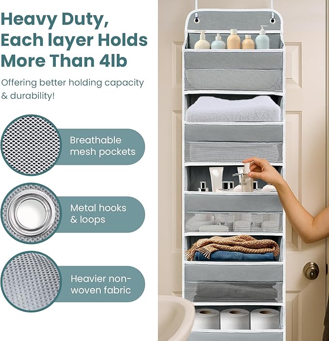 Over the Door Organizer with 10 Side Mesh Pockets,6 Shelf | 4 Shelf Capacity Hanging Behind the Door Kitchen Organizers&Storage Suitable for Storing Toys, Shoes, Towels, Grey