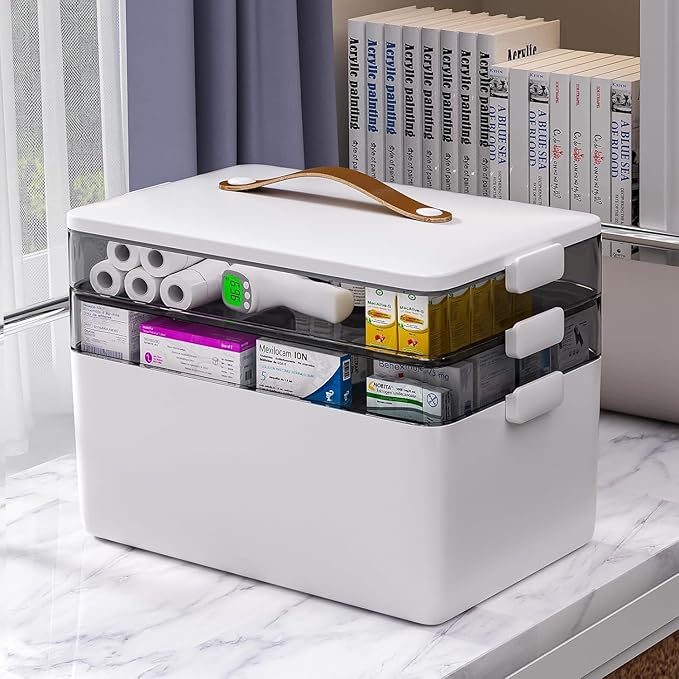 funest 3-Tier Medicine Craft,Sewing,Art,Organizer Storage,Portable Latch Bin with Lid and Leather Handle,Pill Bottle, First Aid, A Household Essential
