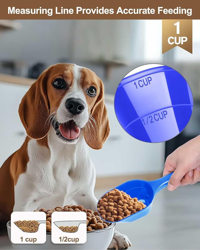 2 Pack Dog Food Scoop, 1 Cup Pet Food Scoop With Measuring Lines (Blue) | Clear Markings for Precise Measuring 1/2 and 1 Cup Lines,Dishwasher Safe,Plastic,Portable and Sturdy