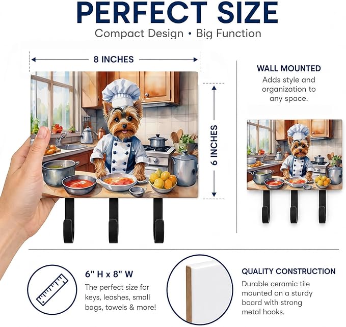 Caroline's Treasures Yorkie Yorkshire Terrier The Chef Leash or Key Holder Wall Hooks, Key Hooks Holder, Coat Rack Wall Mount, Coat Hooks, Hooks for Hanging Keys, Towels, Aprons, Leashes | Yorkie Yorkshire Terrier The Chef artwork on ceramic tile with ...