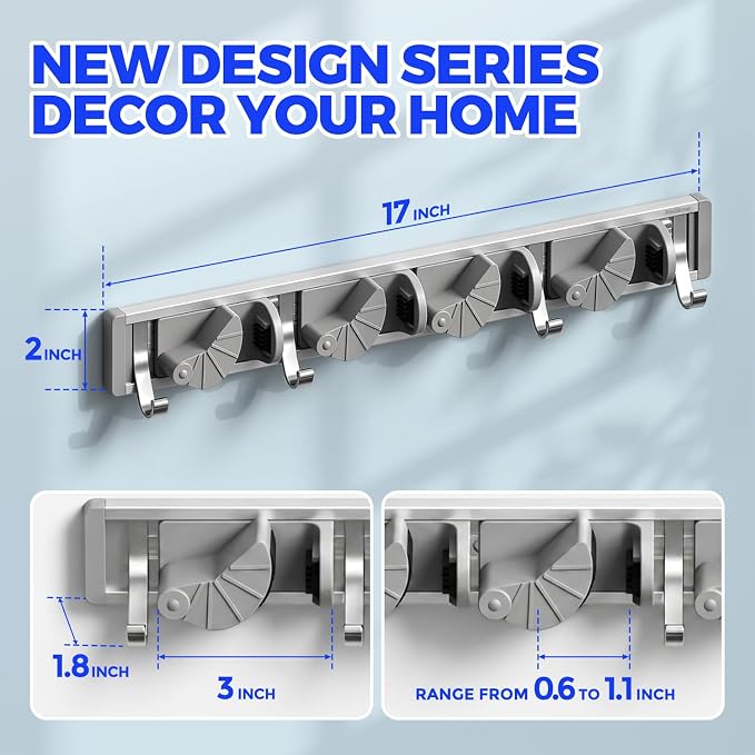 Holikme Mop Broom Holder Wall Mount Metal Pantry Organization and Storage Garden Kitchen Tool Organizer Wall Hanger for Home Goods (4 Positions with 4 Hooks, Silver)