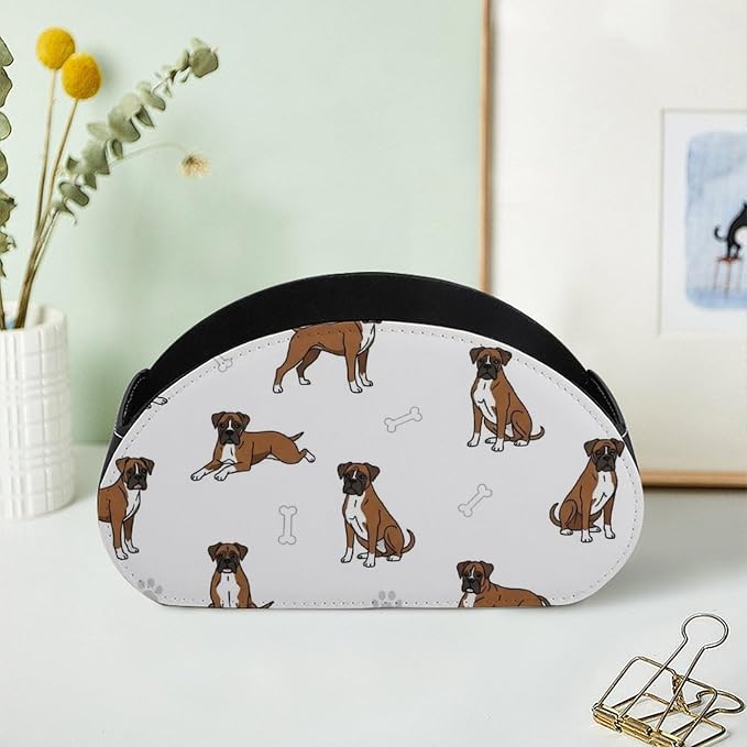 TV Remote Control Holder Boxer Dog Pet Desktop Storage Caddy Box | Pu Leather Makeup Brush Organizer with 5 Compartments, Boxer Dog Pattern Dog Lover Pet, Fit for Media Player, Office Supplies