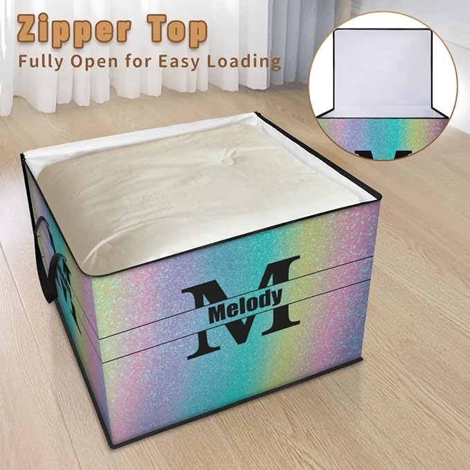 Personalized Extra Large Storage Basket with Lid, Comforters, Bedding Quilt Storage Bin Initial Letter for Home, Collapsible Basket for Clothes, Moving, Car Trunk, Colorful Blue Yellow Pink Bling