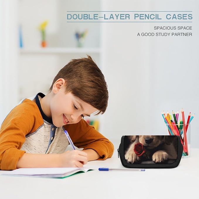 Pencil Pouch Cute Pet Dog Pencil Case Zipper Storage Bag with 2 Compartments Portable Multifunctional Bag Desk Organizer Marker Pen Case