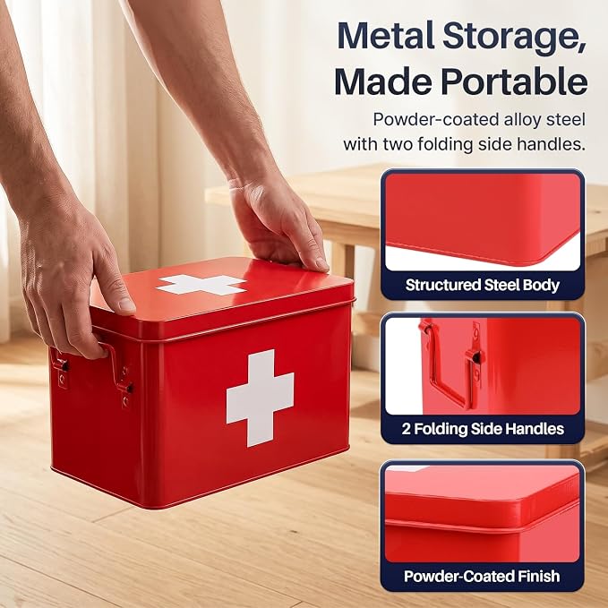 Flexzion Large Metal First Aid Box Empty, 13-Inch, Red with White Cross | Vintage Medicine Box and First Aid Storage Organizer with Removable Tray and Dividers; Empty Box Only, Supplies Not Included