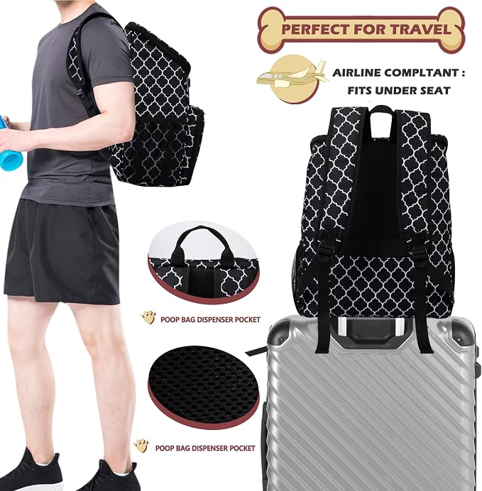 BAGLHER Dog Travel Bag Backpack, Airline Approved Pet Supplies Backpack, Dog Travel Bag with 2 Silicone Collapsible Bowls and 2 Food Baskets DLBlack