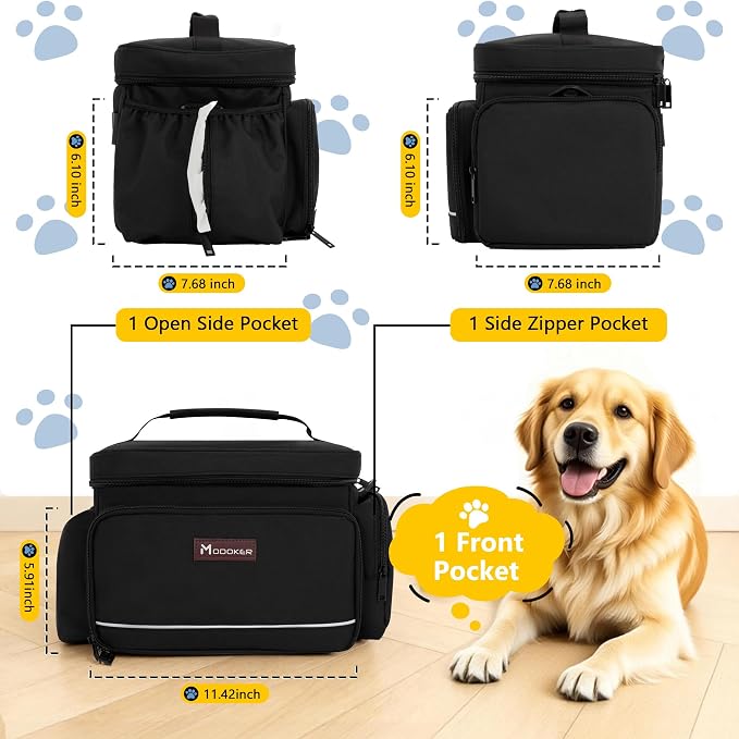 Modoker Large Dog Travel Bag Set with 2 Bowls and Food Bags, 17L Black | Large Pet Travel Organizer with 2 Food Containers, 2 Collapsible Bowls, Feeding Mat, Multiple Pockets and Adjustable Flap