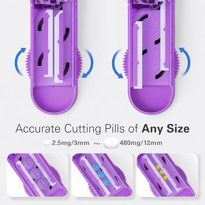 ONE PIX Pill Cutter Splitter for Small and Tiny Pills, Multiple Pill Splitter with Centering Device & Hidden Blade, Adjustable Tablet Cutter for Large Pills, Seniors, Pets, Purple