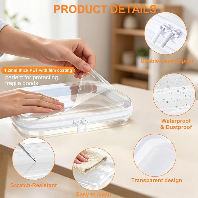 Clear Hard Shell Zipper Case, Crush-Proof Clear Zipper Pouches, TSA Approved Travel Toiletry Bag, Waterproof Makeup Bag & Diaper Bag, Organizer Bins for Toy Storage, Travel Accessories XL+L+M+S-White