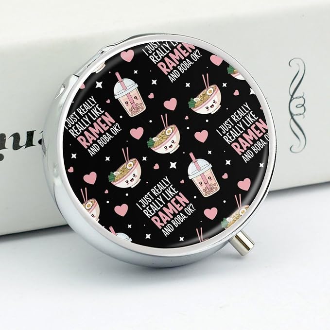 Round Pill Dispenser, I Just Really Like Ramen Mini Organizer Case, Metal Travel Holder for Medicine, Purse Pocket Container for Vacation Trips