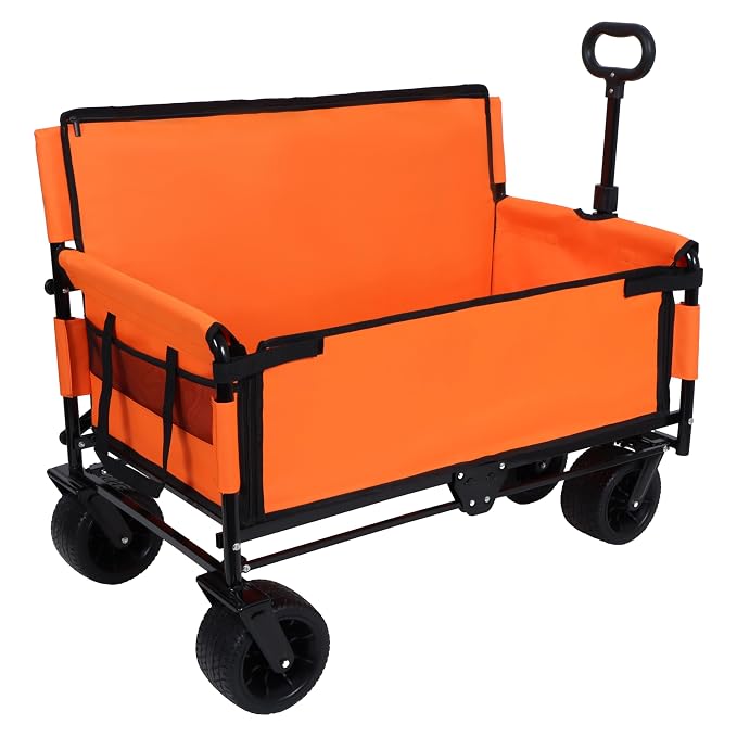 3-in-1 Pet Wagon Stroller with Bench Seat & Storage – Portable Travel Carrier for Dogs & Cats, 500Lbs Heavy-Duty Foldable Cart with All-Terrain Wheels for Camping, Park & Outdoor Use (Orange)