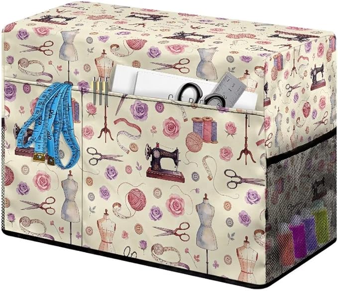 Sewing Machine Cover,Sewing Theme Design Duty Protective Dust Cover with Storage Pockets for Most Standard Singer & Brother Sewing Machines and Accessories