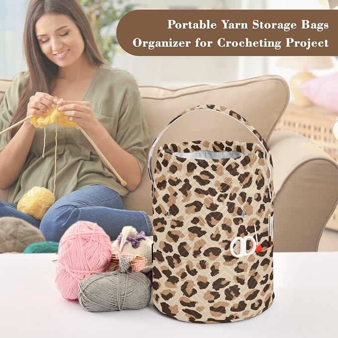 Tatenale Crochet Bag Yarn Bag Knitting Project Bag with Pockets and Handle Portable Yarn Storage Organizer Tangle Free 8.3x11 InchLeopard Skin Print18