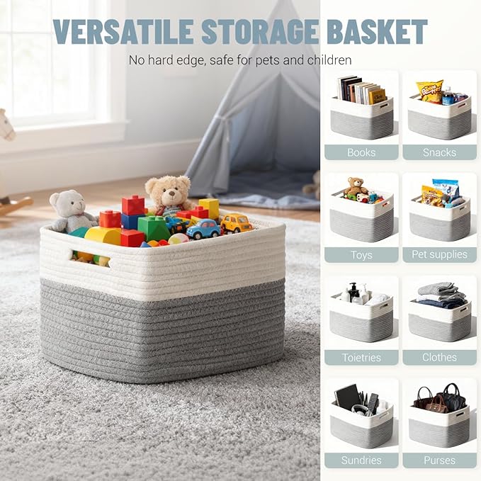 5 Pack Woven Storage Baskets, Decorative Storage Bins for Organizing | 13.8'' × 9.8'' × 7.9'', Cotton Rope Basket Organizer for Closet, Shelves, bathroom, Nursery, Toys, Books, Pantry, Gray/White