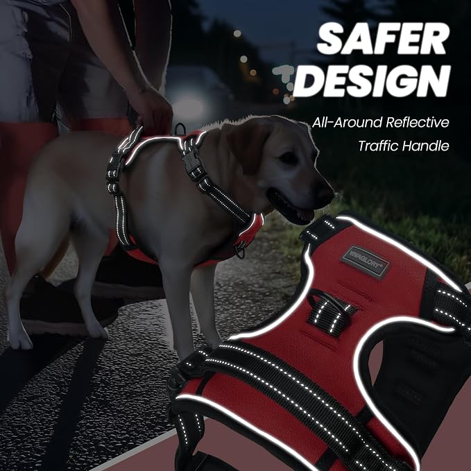 VIVAGLORY No Pull Dog Harness Vest Harness, M, Red - Plain | with Handle Front and Back Clip for Training & Pulling, No Pull & Escape Proof Padded Adjustable for Pet Puppy