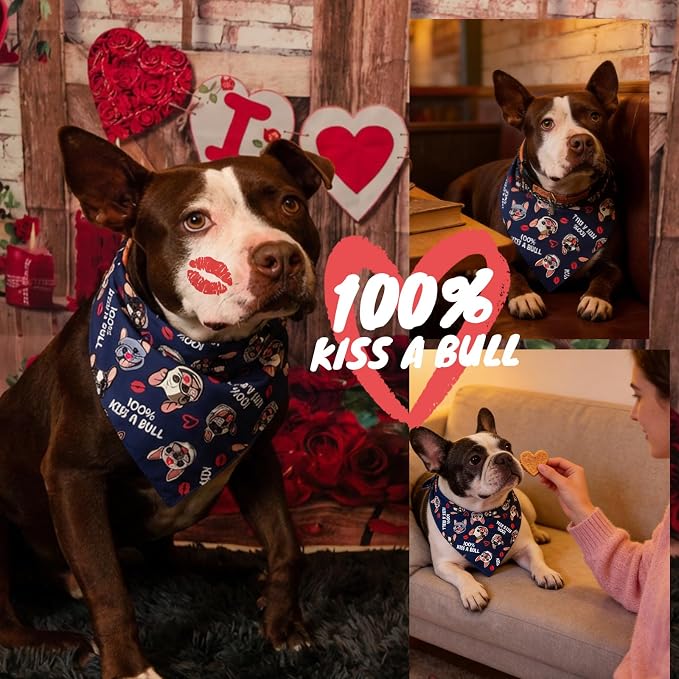 Holiday Dog Bandanas for Valentine's Day - Cute French Bulldog Pattern & Fun Lettering Costume Pet Scarf with Snap Button for Large & Extra Large Breeds 75lbs+