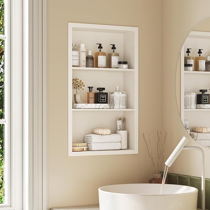 Qeke 14x 24 Medicine Cabinet Recessed with 3-Tiers Shelves, Matte White | 304 Stainless Steel Medicine Cabinet without Mirror, No Tile Needed Wall Niche for Bathroom Storage, Space Saving & Durable