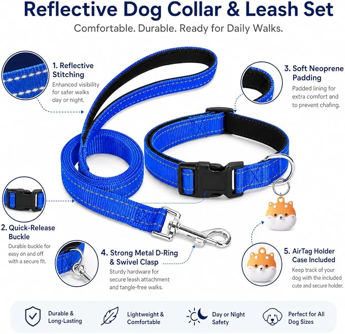 Reflective Soft Neoprene Padded Matching Dog Collar with Leash Airtag Holder Case Set Safety Breathable Adjustable Nylon Dog Collars for X-Small Small Medium Large Dogs-Navy Blue-L