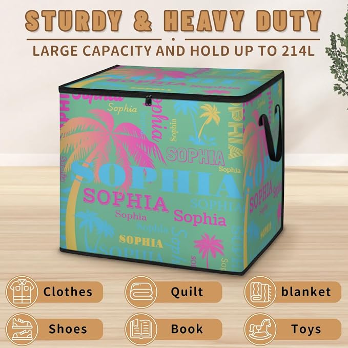 Custom Extra Large Storage Baskets Named with Lid, Personalized Storage Bins Basket Boxes Handles for Clothes Blanket Bedroom Closet Organizing Toys Shelves, Pink Blue Yellow Trees Names Mint Green